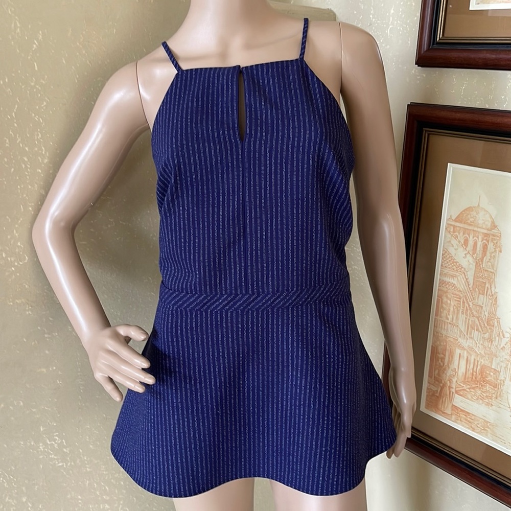 Banana Republic Navy Square Neck Pinstripe Flattering Peplum Top sz 10 L